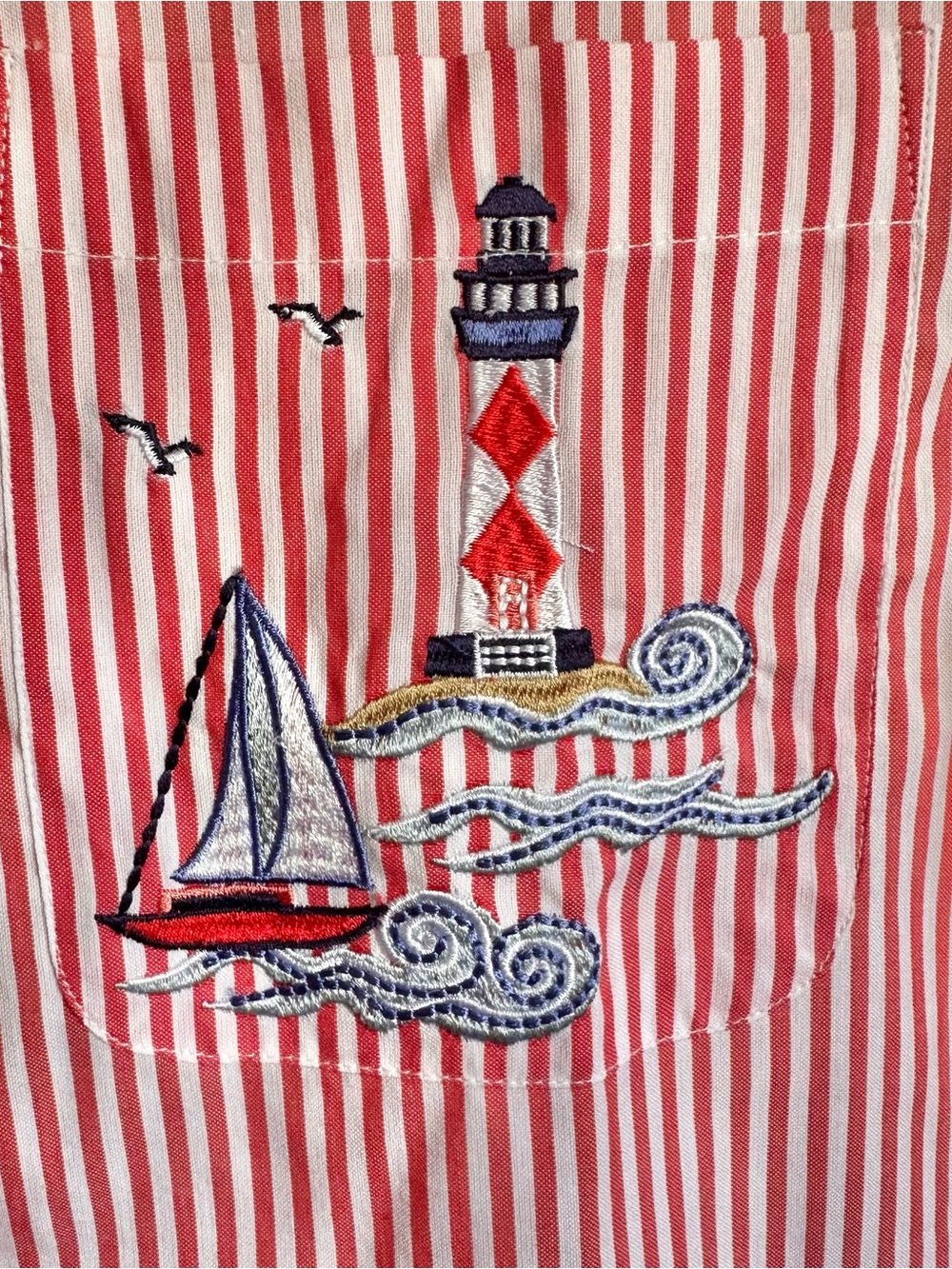 Blair Red White Striped Nautical Embroidered Lighthouse Sail Boat Button Up Med - Picture 3 of 6